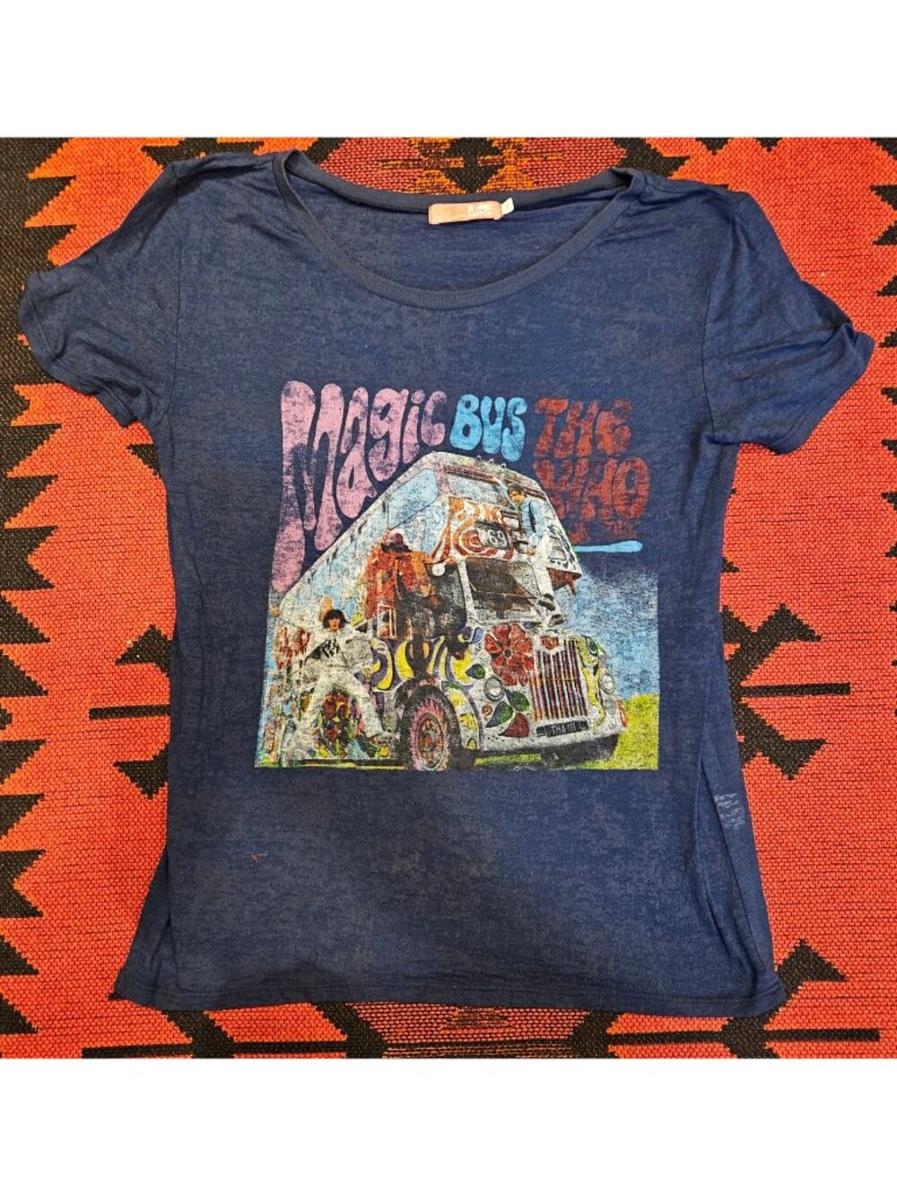 VINTAGE Magic Bus The Who Graphic Tee Lux Medium Blue Cotton Blend Retro Style